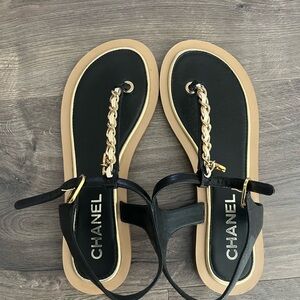 Authentic Chanel Black and Gold Chain Sandals